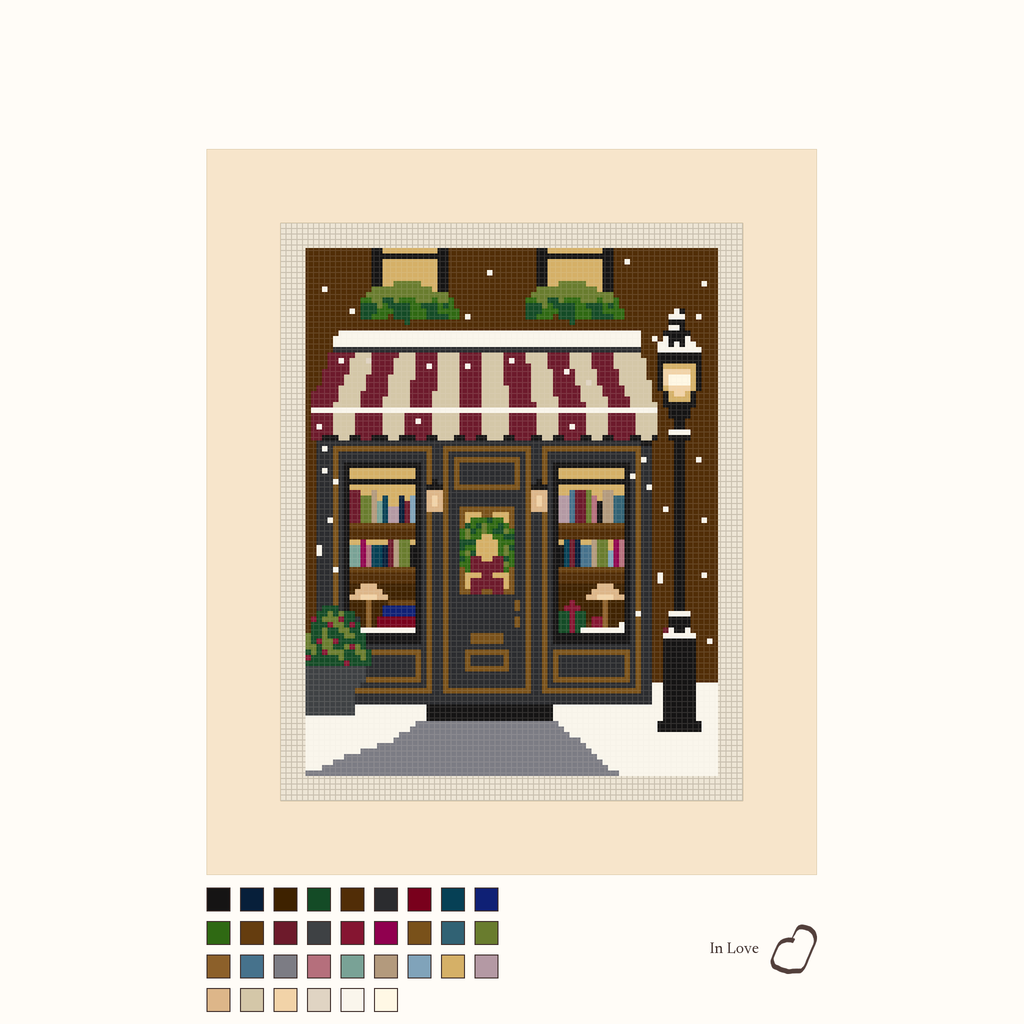 Snowy Bookshop design as painted: a snowy bookshop at Christmastime