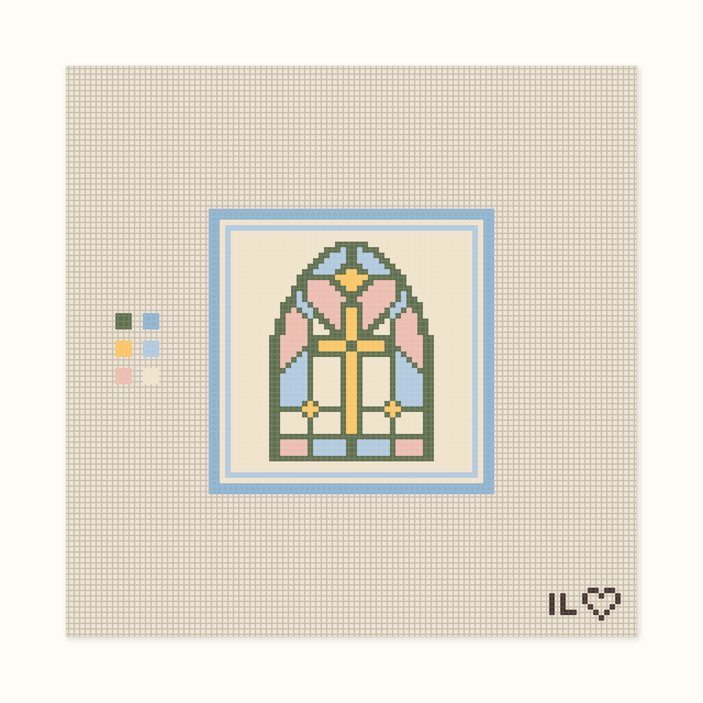 Stained Glass hand-painted needlepoint canvas: an arched stained glass window with a gold cross, framed in blue