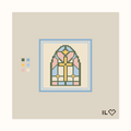 Stained Glass hand-painted needlepoint canvas: an arched stained glass window with a gold cross, framed in blue