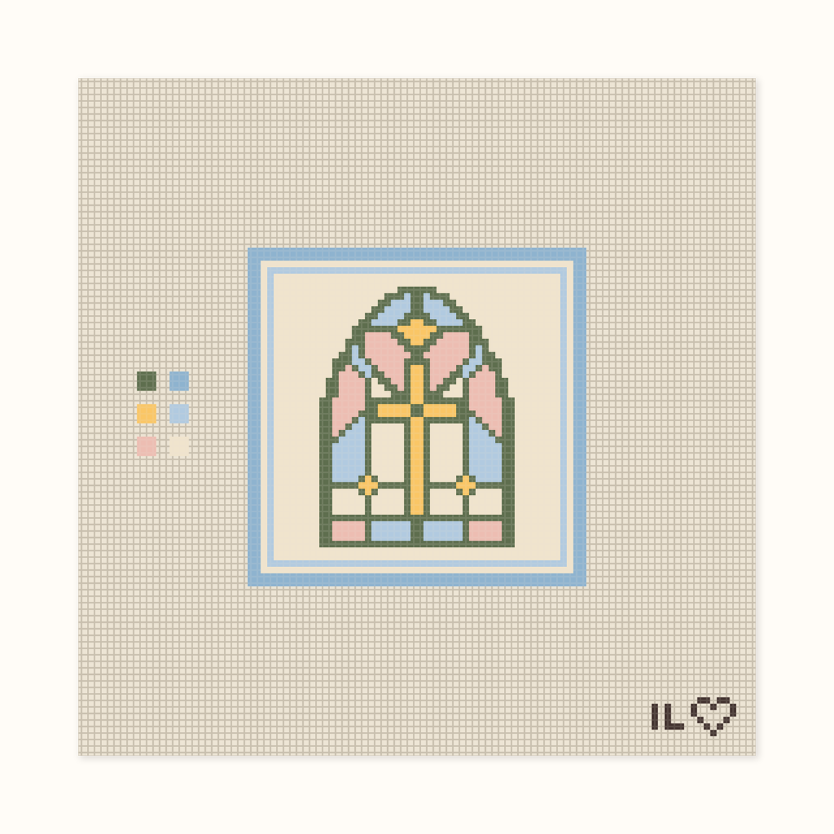 Stained Glass hand-painted needlepoint canvas: an arched stained glass window with a gold cross, framed in blue