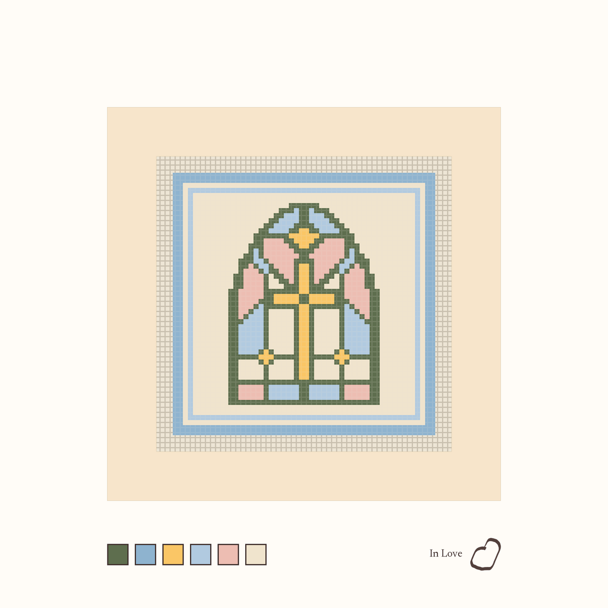 Stained Glass design as painted: an arched stained glass window with a gold cross, framed in blue