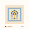 Stained Glass design as painted: an arched stained glass window with a gold cross, framed in blue