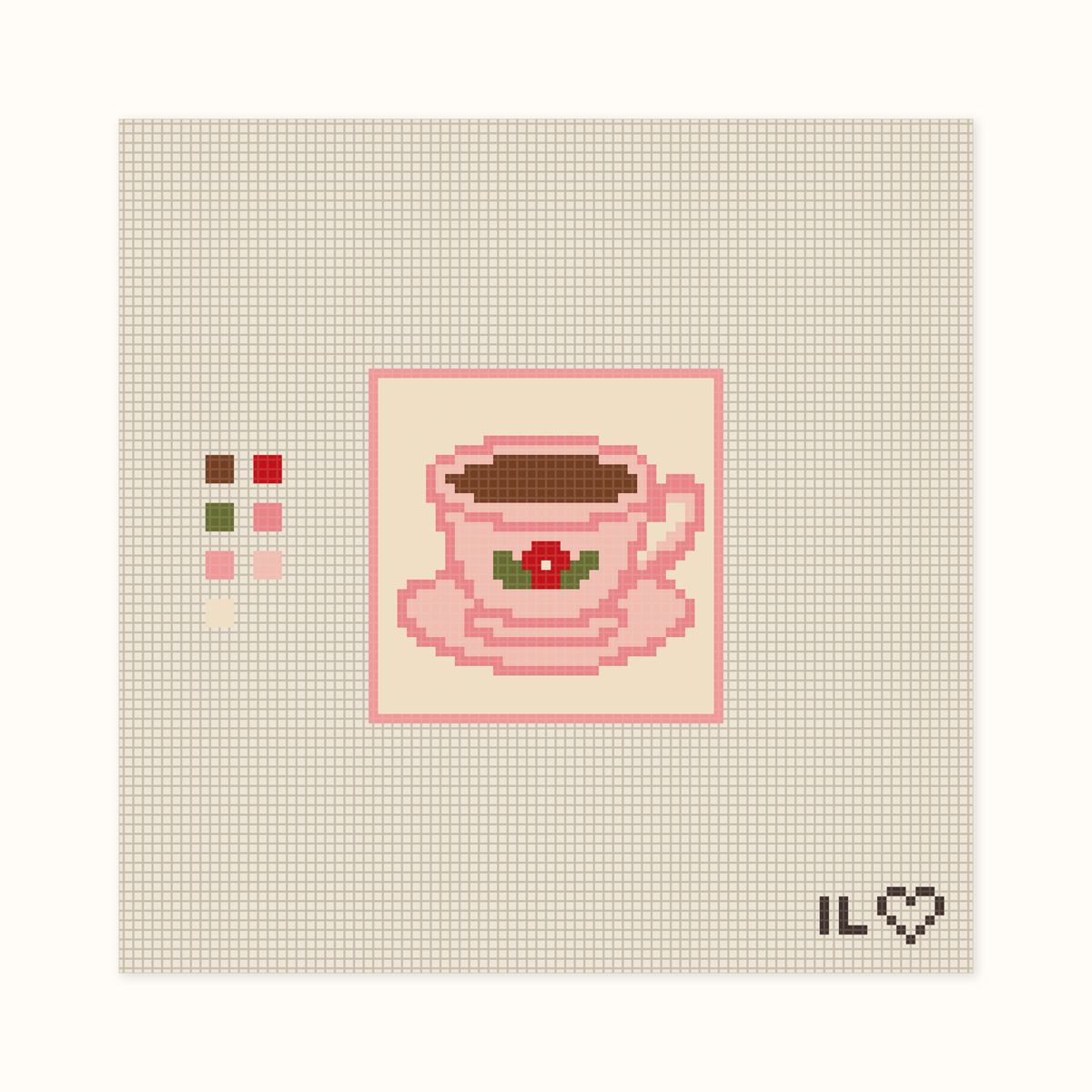 Teacup hand-painted needlepoint canvas: a filled pink teacup on a pink saucer