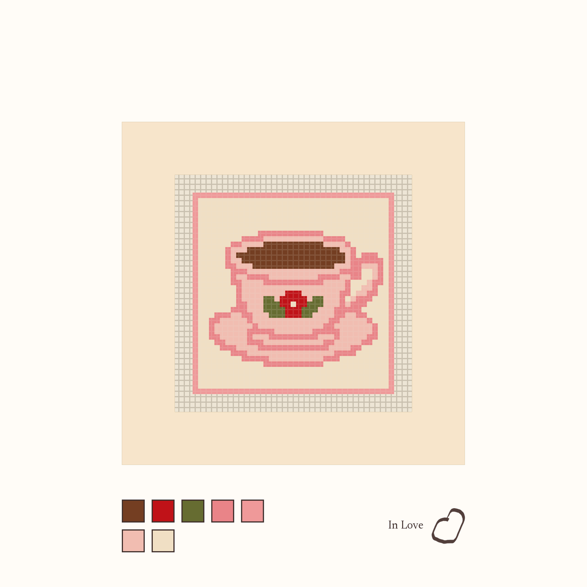 Teacup design as painted: a filled pink teacup on a pink saucer