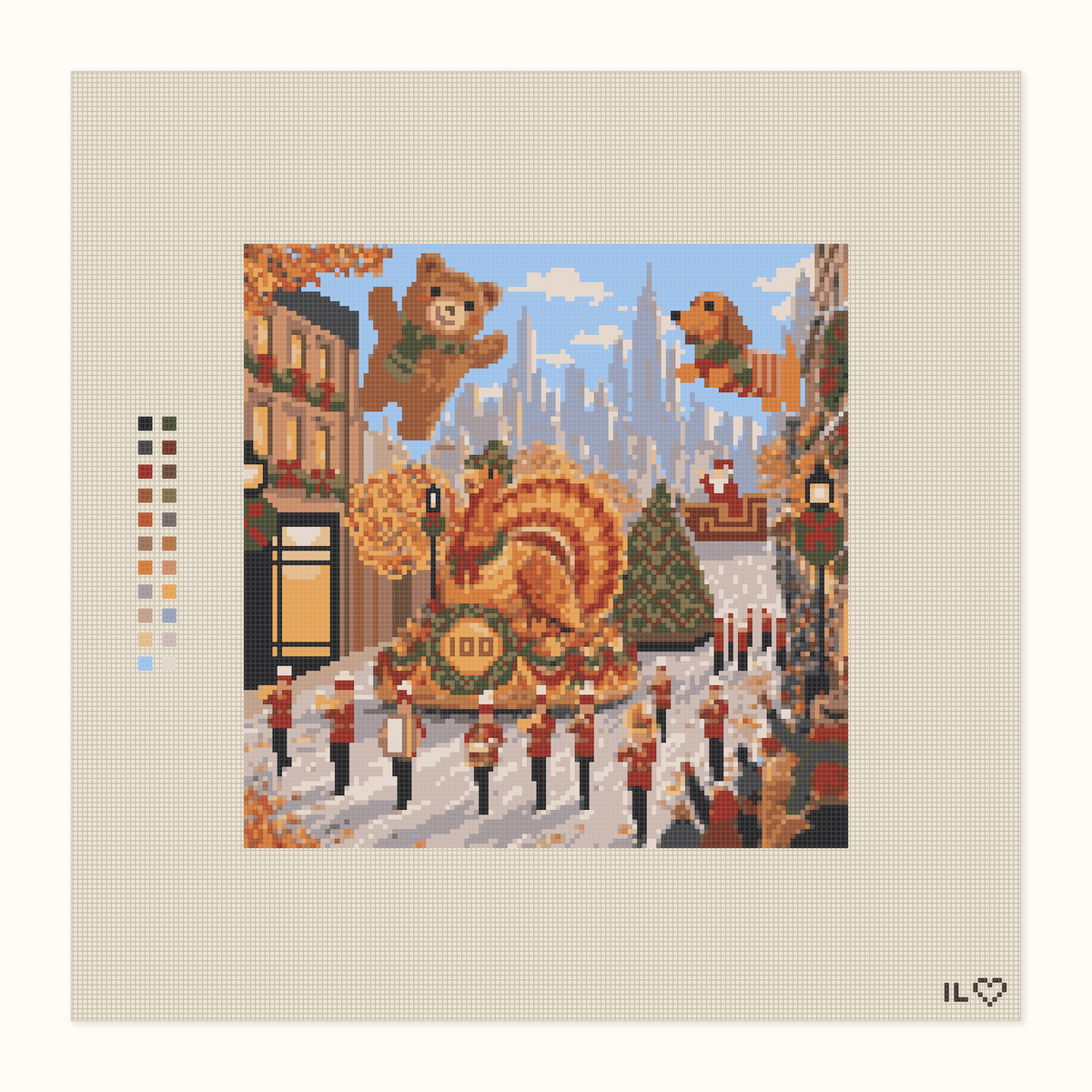 Thanksgiving Parade: Centennial hand-painted needlepoint canvas: a centennial Thanksgiving Day parade with floats, buildings and a crowd