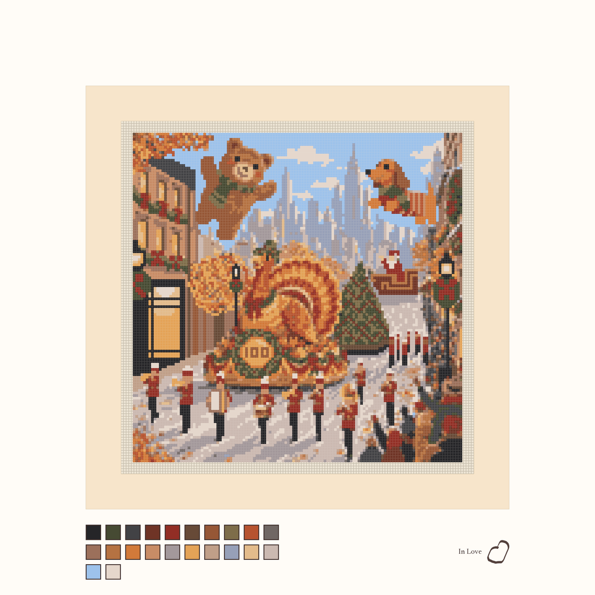Thanksgiving Parade: Centennial design as painted: a centennial Thanksgiving Day parade with floats, buildings and a crowd