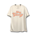 Cream tee with "Stay Groovy" in retro orange script outlined in blue