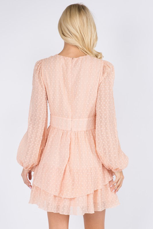 Back view of the peach dress with its long sheer sleeves