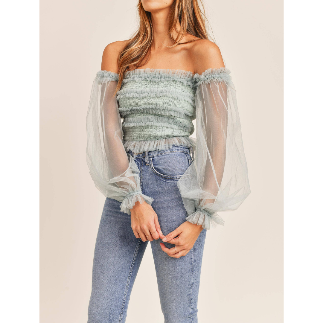 Sage off-the-shoulder smocked top with sheer mesh balloon sleeves and ruffle trim