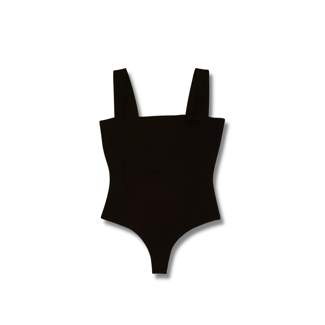 Black square-neck bodysuit with wide straps, laid flat