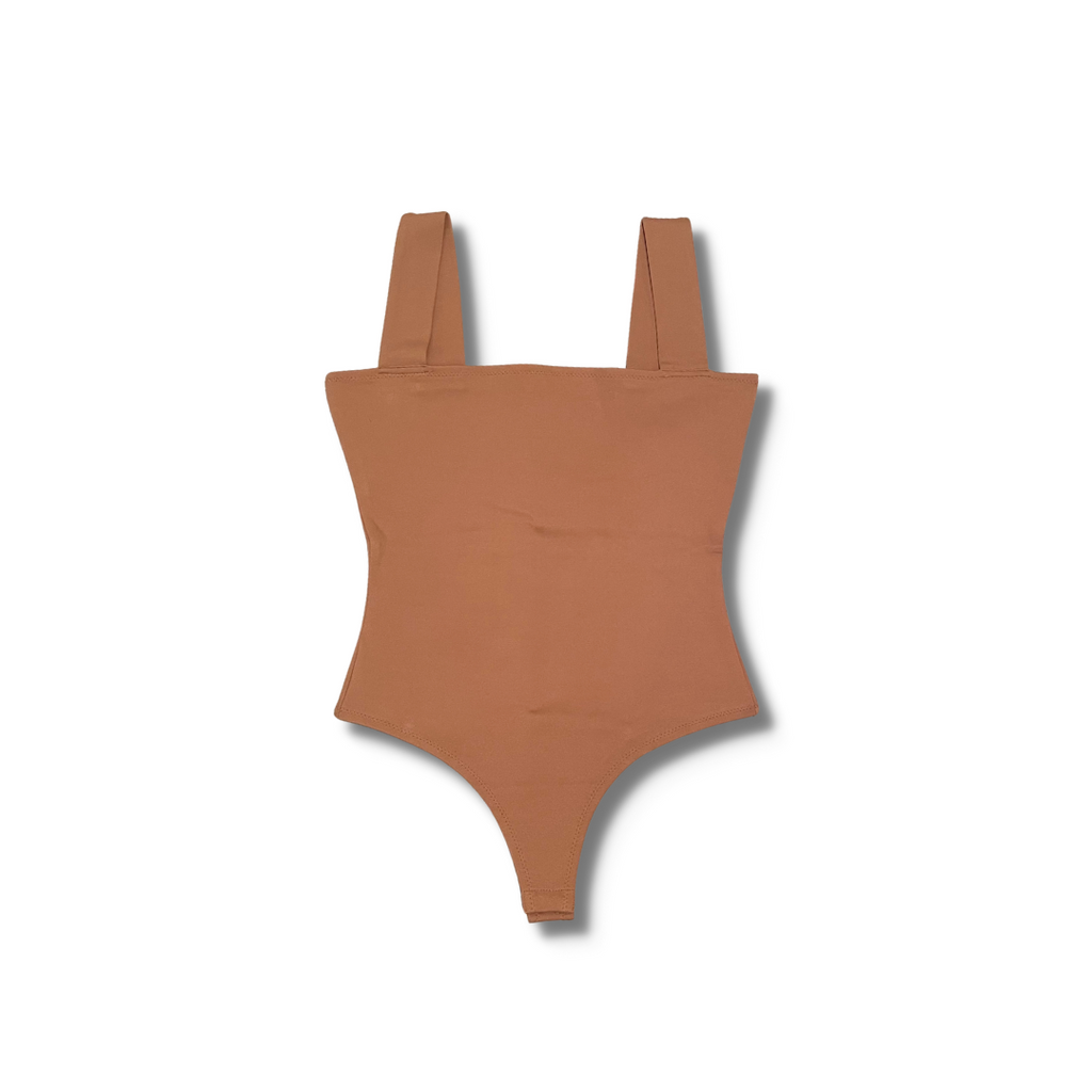 Tan square-neck bodysuit with wide straps, laid flat