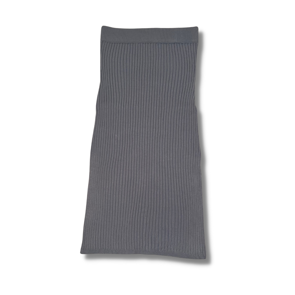 Charcoal gray ribbed-knit midi pencil skirt, laid flat