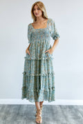 Sage and blue floral tiered midi dress with a smocked bodice and puff sleeves