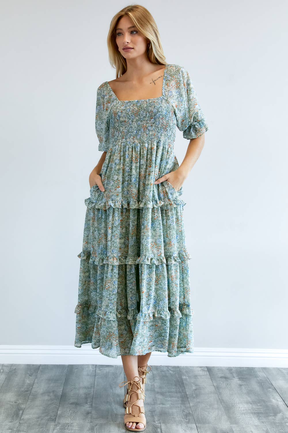 Sage and blue floral tiered midi dress with a smocked bodice and puff sleeves