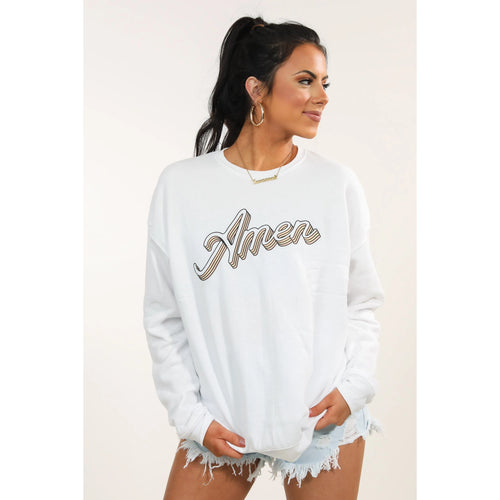 White crewneck sweatshirt with "Amen" in large retro script outlined in brown