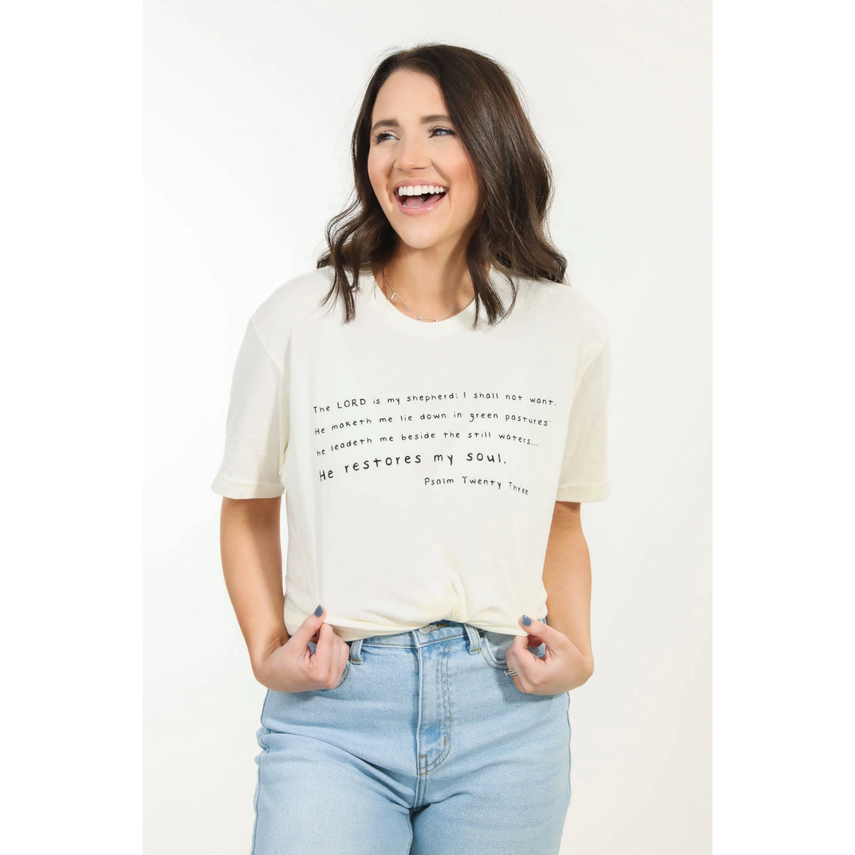 Cream tee printed with Psalm 23 in black type: "The Lord is my shepherd…"