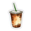 Watercolor sticker of an iced coffee in a clear cup with a green straw