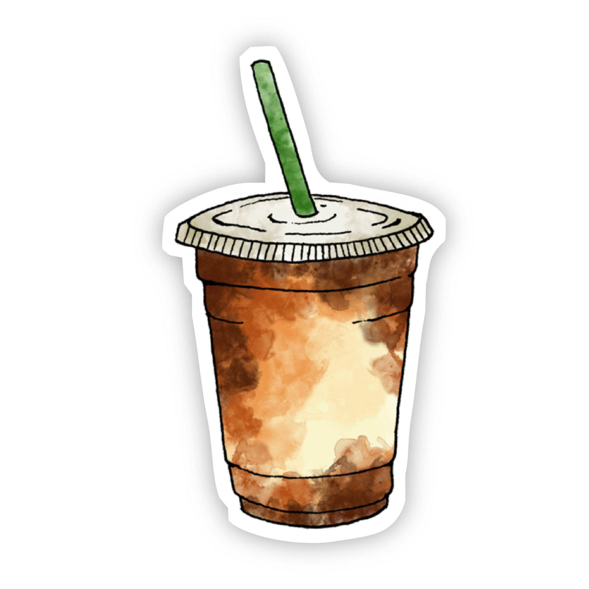 Watercolor sticker of an iced coffee in a clear cup with a green straw