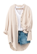 Oatmeal gauze oversized button-up shirt, sleeves rolled, over a white tee and denim shorts