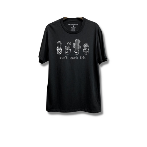 Black tee with four potted cacti drawn in white and "can't touch this" underneath