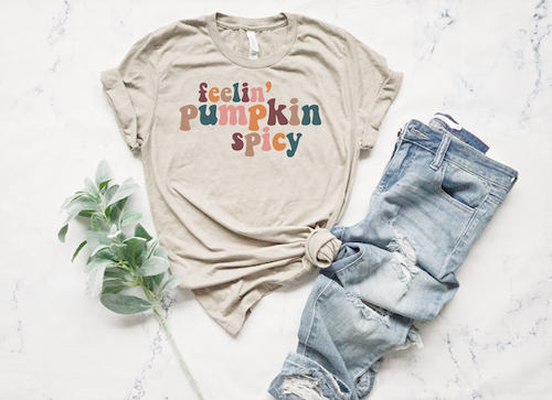 Oatmeal tee with "feelin' pumpkin spicy" in retro autumn colors, laid out with jeans