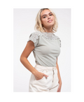 Sage short-sleeve top with a white eyelet lace yoke at the shoulders