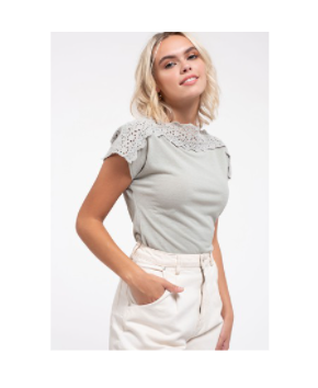 Sage short-sleeve top with a white eyelet lace yoke at the shoulders